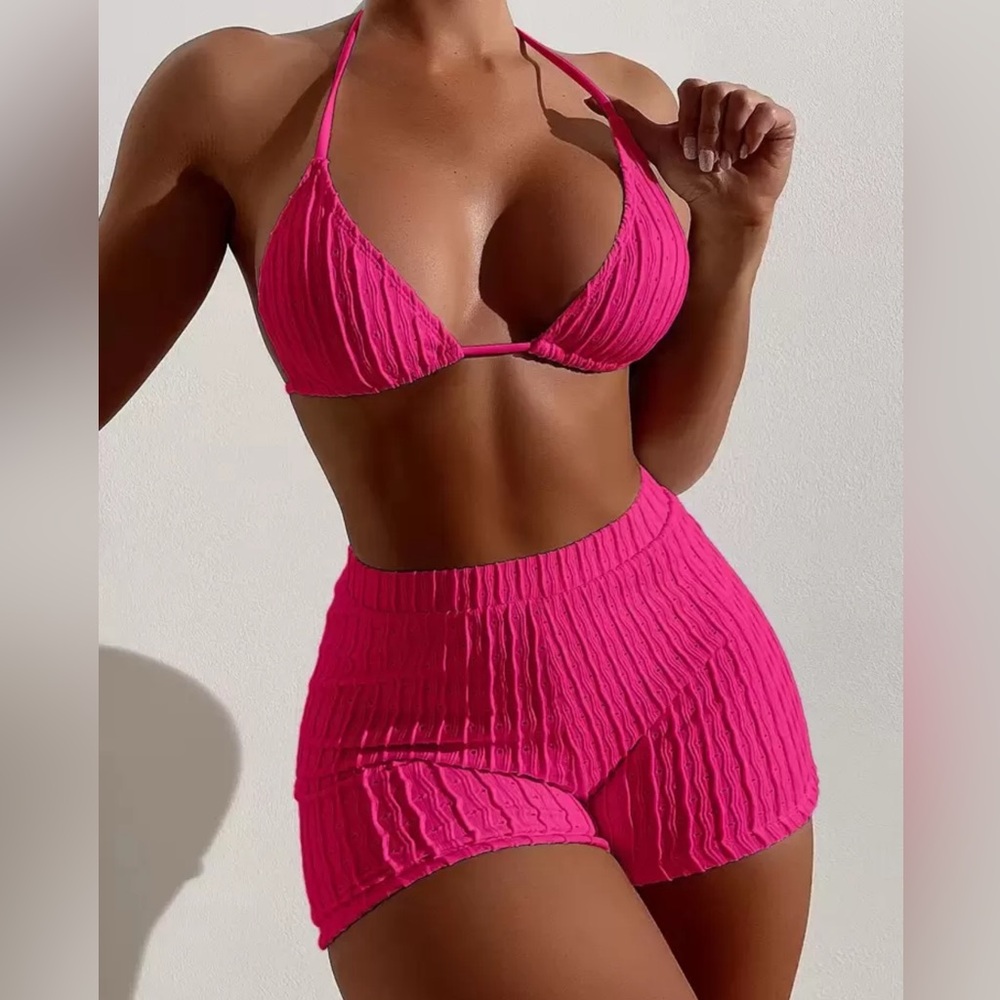 Hot Pink Textured Two-Piece Swimsuit Set – Size Medium